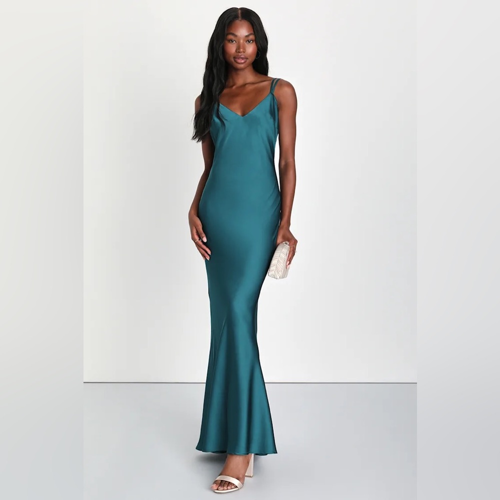 Lulus Chic Entrance Satin Backless Slip Maxi Dress Dark Teal Size M
